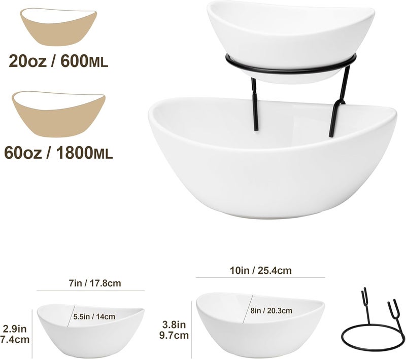 MALACASA 2 Tier Chip and Dip Serving Set with Metal Stand,Ceramic Appetizer Bowls for Party, Multi-Use Food Display for Fruits, Snacks,White Elegant Tiered Serving Dishes for Party - Image 2